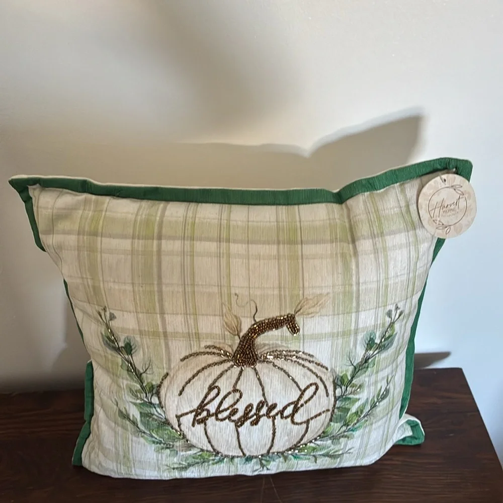 HP-NWT 16x16 Soft Green & Cream Plaid- Blessed Beaded Pumpkin Decorative Pillow